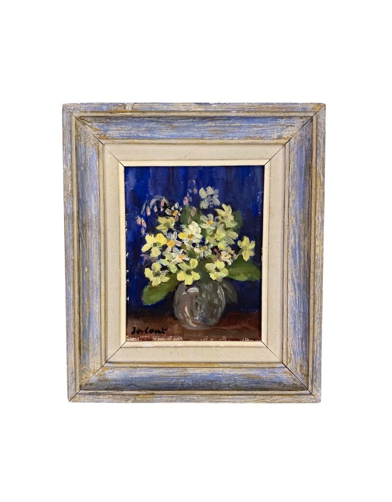 Vintage Framed French Yellow & Blue Floral Arrangement Painting