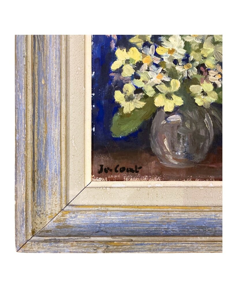 Vintage Framed French Yellow & Blue Floral Arrangement Painting