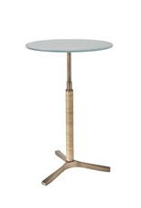 White & Brass Glass Side Table with Natural Rattan