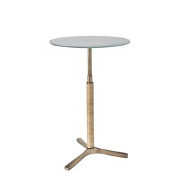 White & Brass Glass Side Table with Natural Rattan