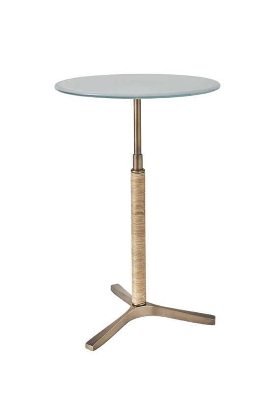 White & Brass Glass Side Table with Natural Rattan