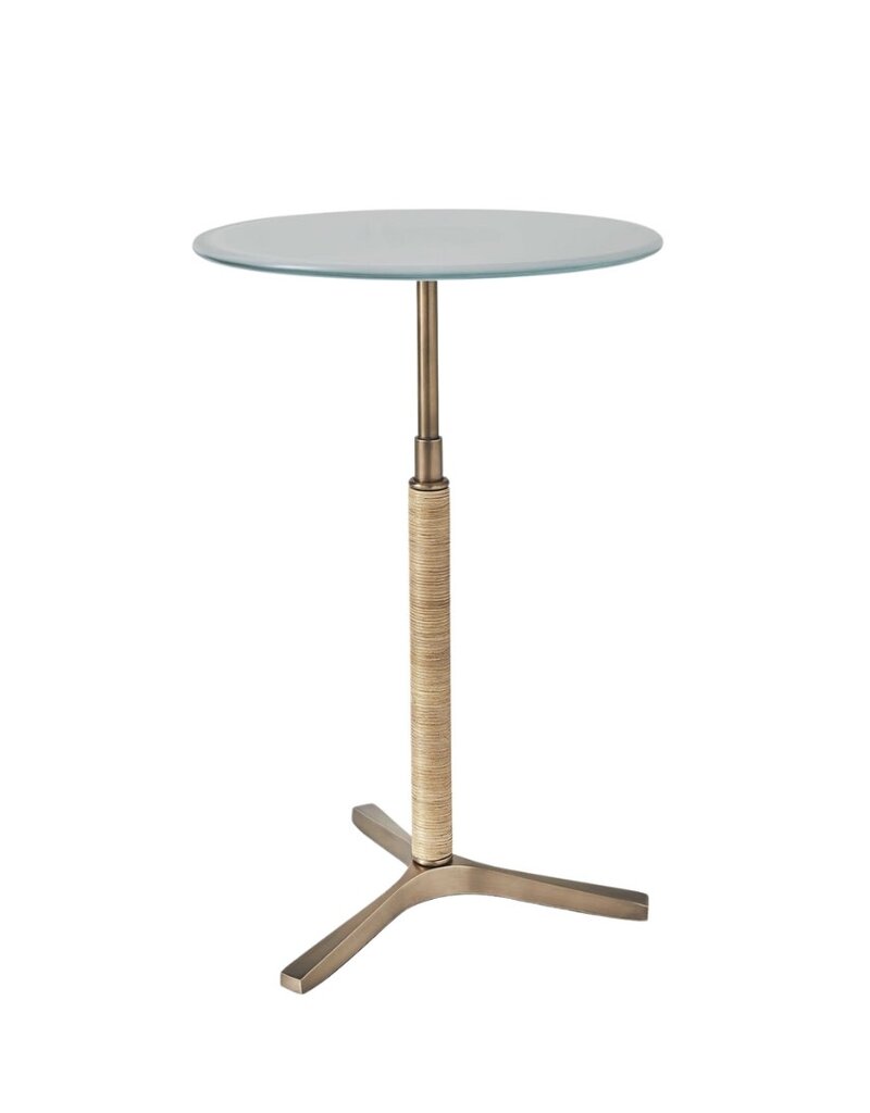 White & Brass Glass Side Table with Natural Rattan