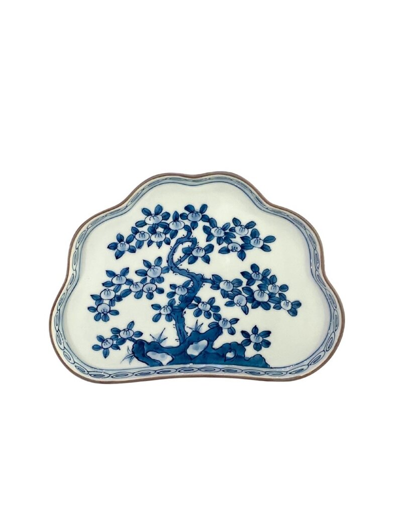 Vintage Blue & White Ceramic Floral Tree Shaped Tray