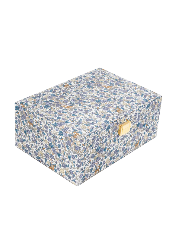 Blue Floral Fabric Jewelry Box with Gold Handle