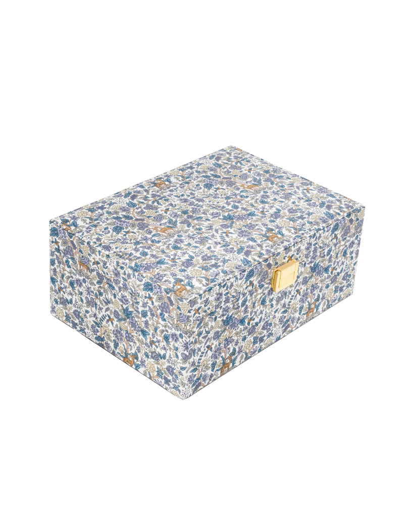 Blue Floral Fabric Jewelry Box with Gold Handle