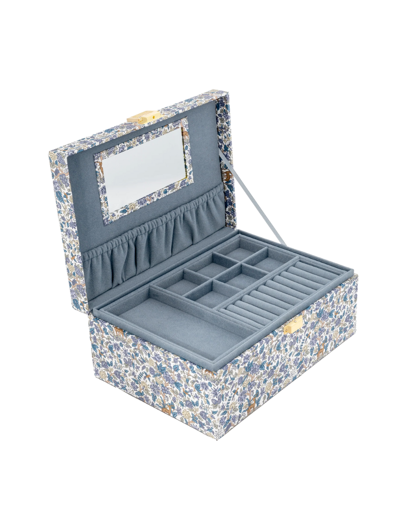 Blue Floral Fabric Jewelry Box with Gold Handle