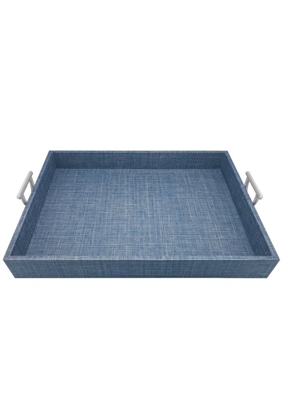 Light Blue Grasscloth Tray with Silver Handles