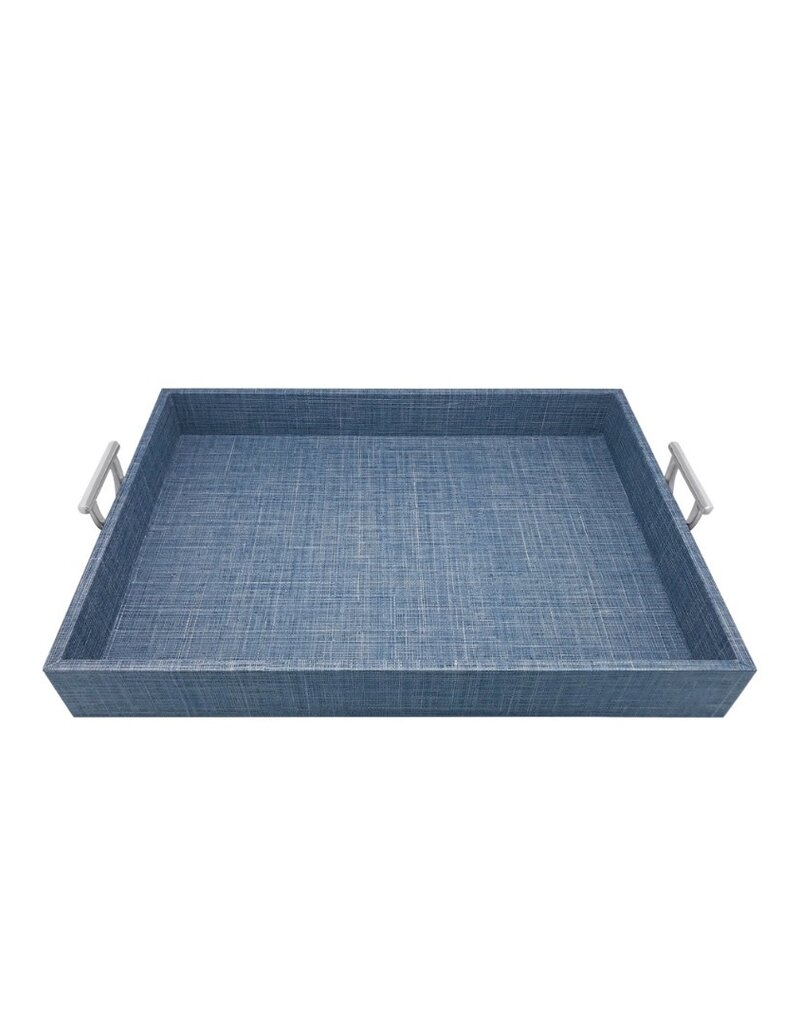 Light Blue Grasscloth Tray with Silver Handles