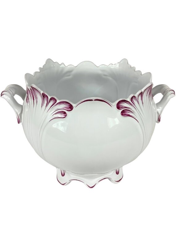 Vintage White Ceramic Planter with Pink Accents and Handles