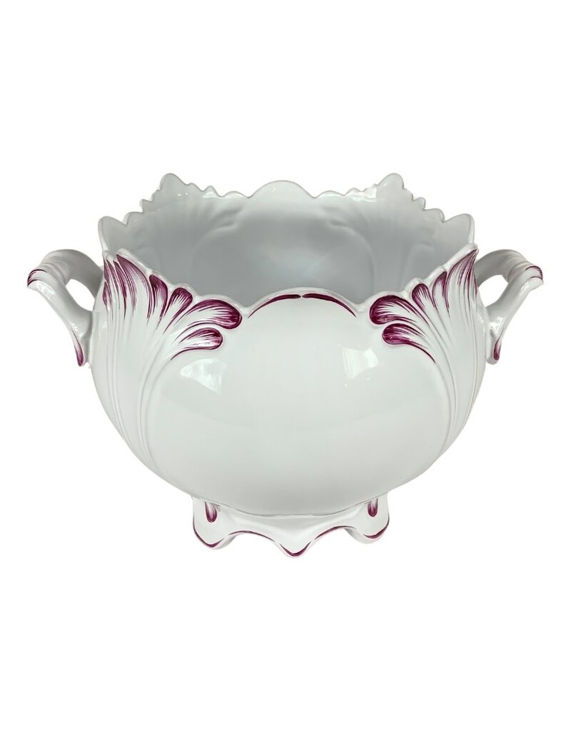 Vintage White Ceramic Planter with Pink Accents and Handles