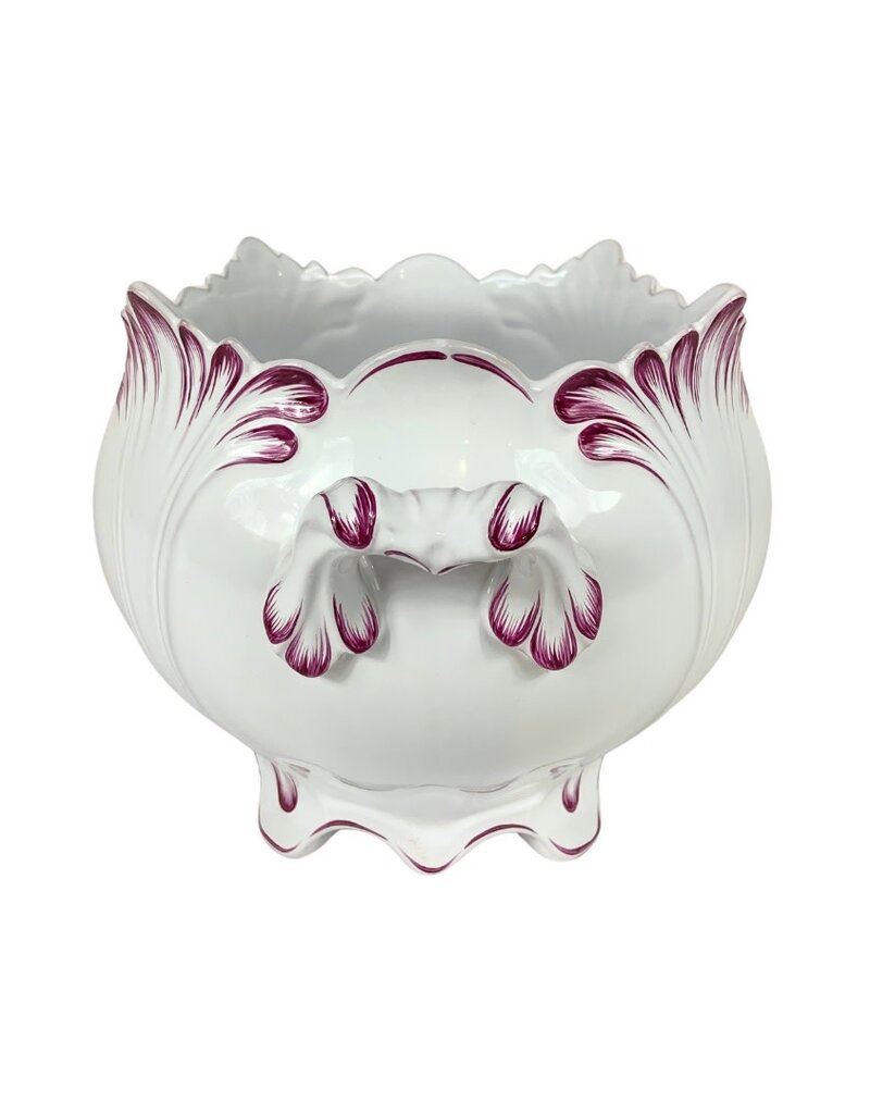 Vintage White Ceramic Planter with Pink Accents and Handles