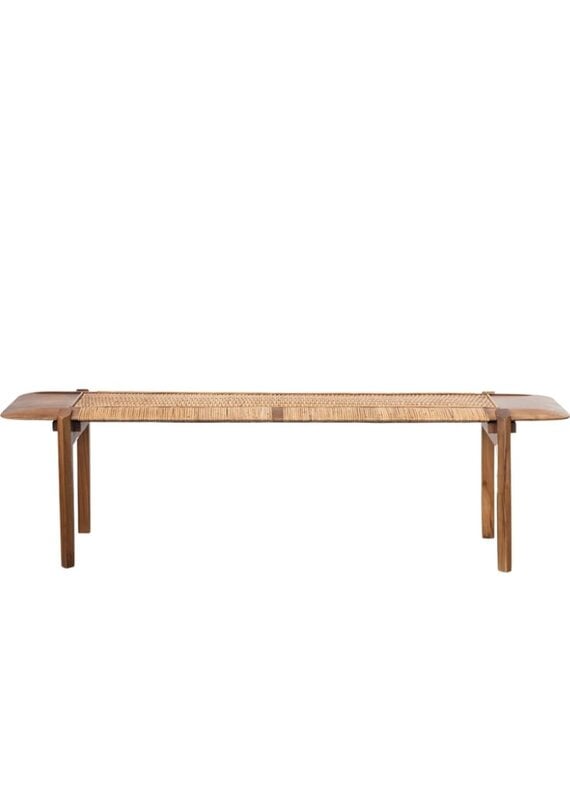 Brown Teakwood Bench with Woven Natural Rattan