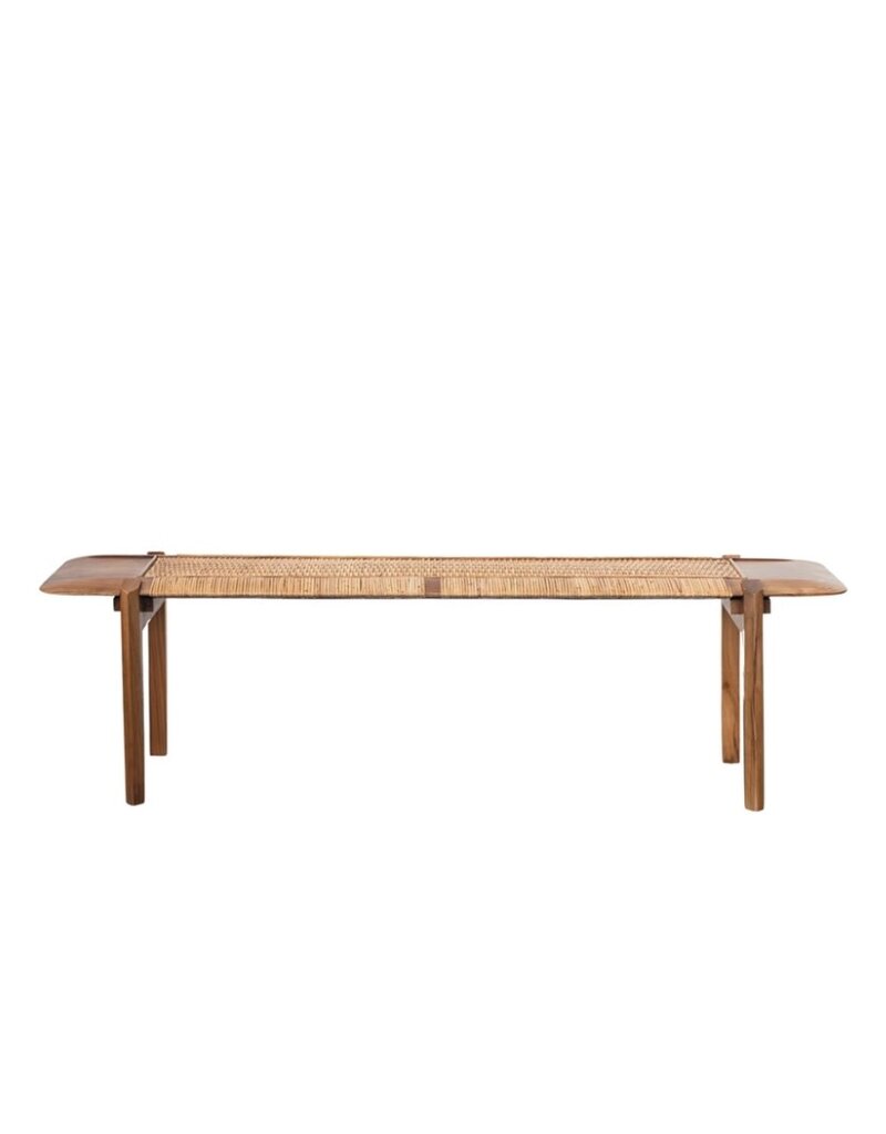 Brown Teakwood Bench with Woven Natural Rattan