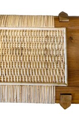Brown Teakwood Bench with Woven Natural Rattan