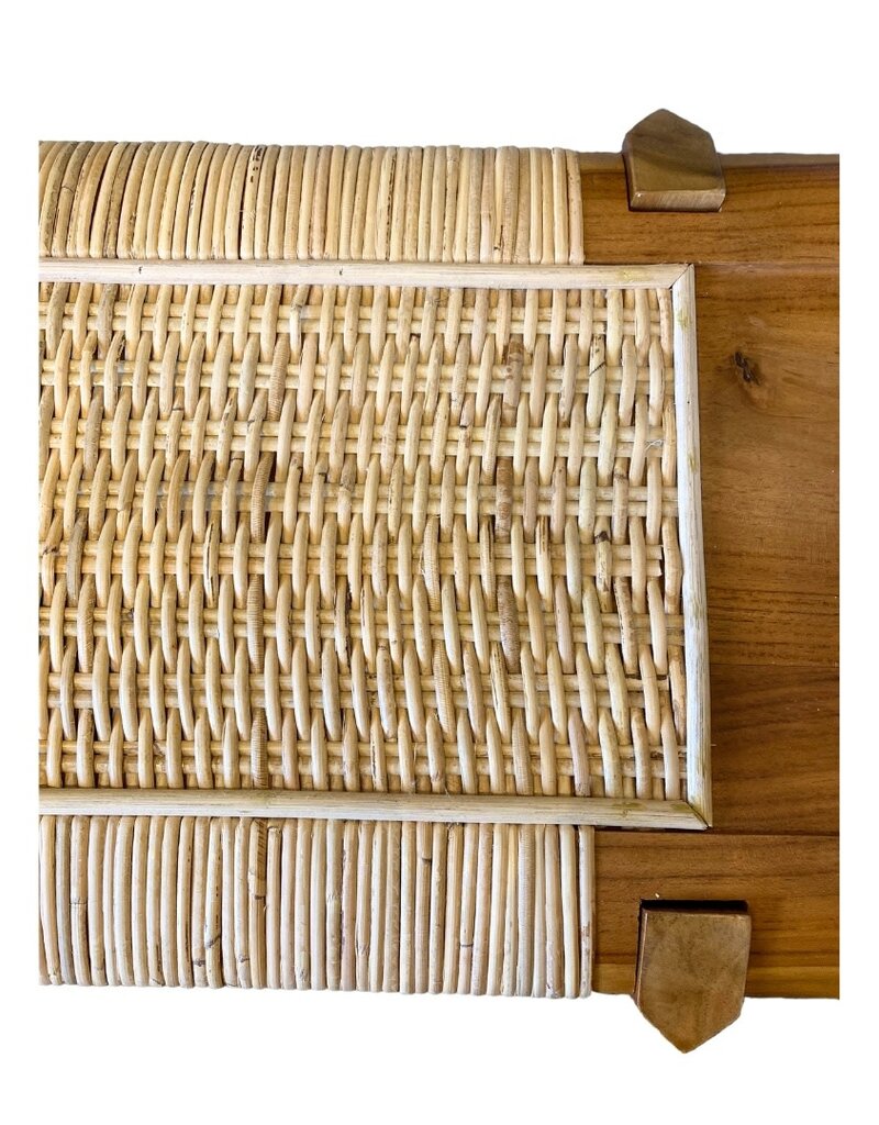 Brown Teakwood Bench with Woven Natural Rattan