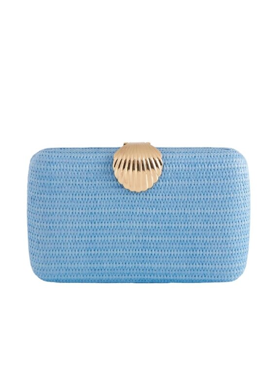 Light Blue Raffia Clutch with Gold Shell Clasp