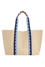 Natural Straw Bag with Blue Wave Ribbon Handles