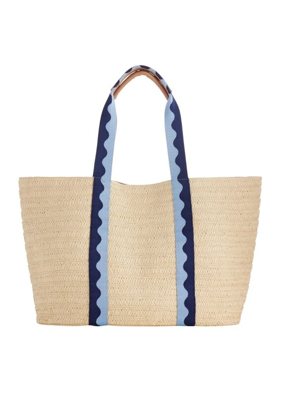 Natural Straw Bag with Blue Wave Ribbon Handles
