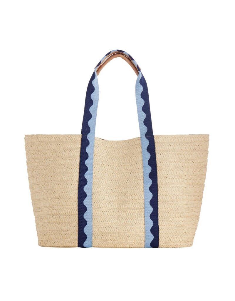 Natural Straw Bag with Blue Wave Ribbon Handles