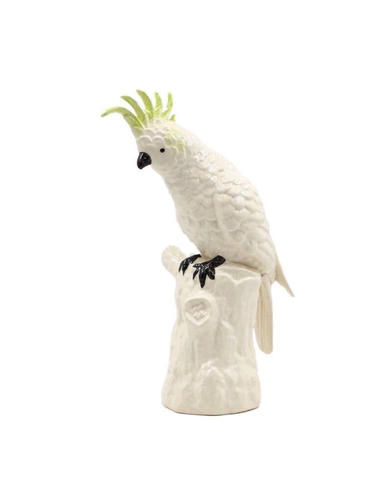 White Ceramic Cockatoo with Green Feathers