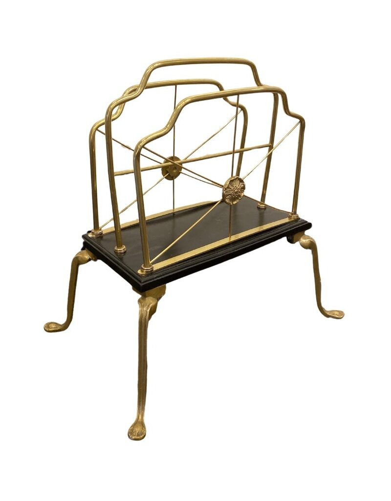 Vintage Brass & Black Painted Wood Magazine Rack with Brass Feet