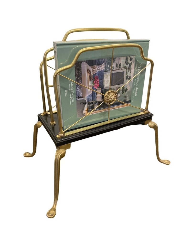 Vintage Brass & Black Painted Wood Magazine Rack with Brass Feet
