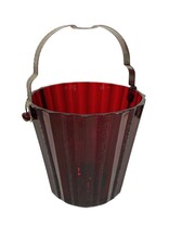 Vintage Red Ribbed Glass Ice Bucket with Silver Metal Handle