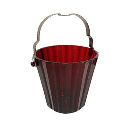 Vintage Red Ribbed Glass Ice Bucket with Silver Metal Handle