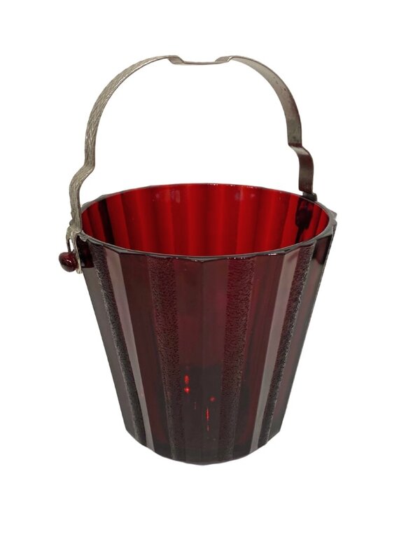 Vintage Red Ribbed Glass Ice Bucket with Silver Metal Handle