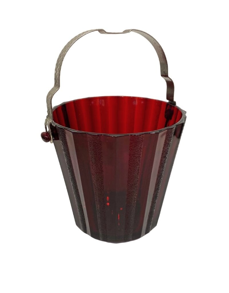 Vintage Red Ribbed Glass Ice Bucket with Silver Metal Handle
