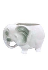 Vintage White Ceramic Elephant Planter with Green Accents