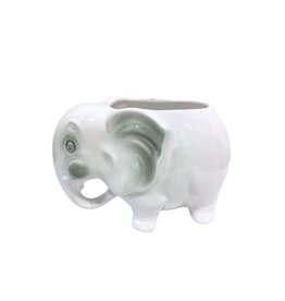 Vintage White Ceramic Elephant Planter with Green Accents