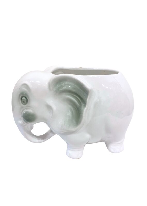 Vintage White Ceramic Elephant Planter with Green Accents