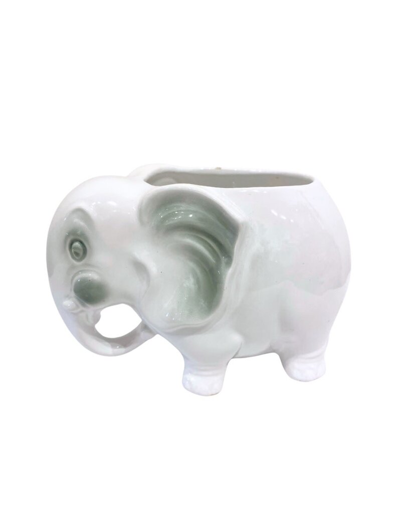 Vintage White Ceramic Elephant Planter with Green Accents