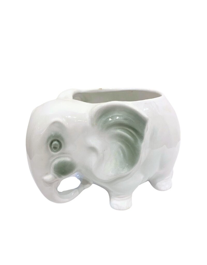 Vintage White Ceramic Elephant Planter with Green Accents