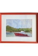 Vintage Framed Red Boat Watercolor Painting