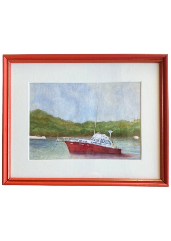 Vintage Framed Red Boat Watercolor Painting
