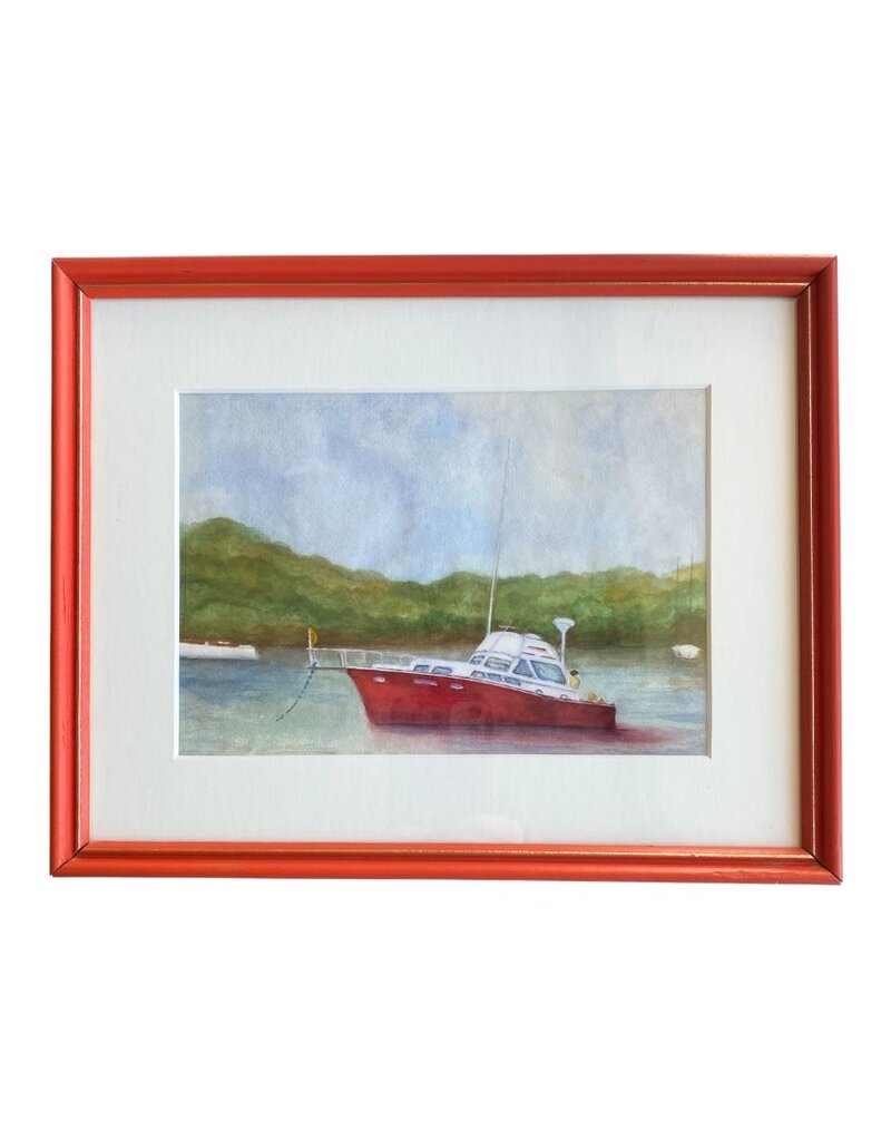 Vintage Framed Red Boat Watercolor Painting