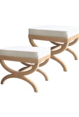 Pair of Natural Rope Wrapped Benches with Ivory Cushions