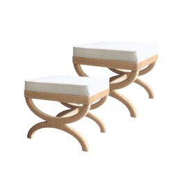 Pair of Natural Rope Wrapped Benches with Ivory Cushions