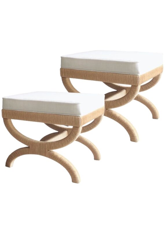 Pair of Natural Rope Wrapped Benches with Ivory Cushions