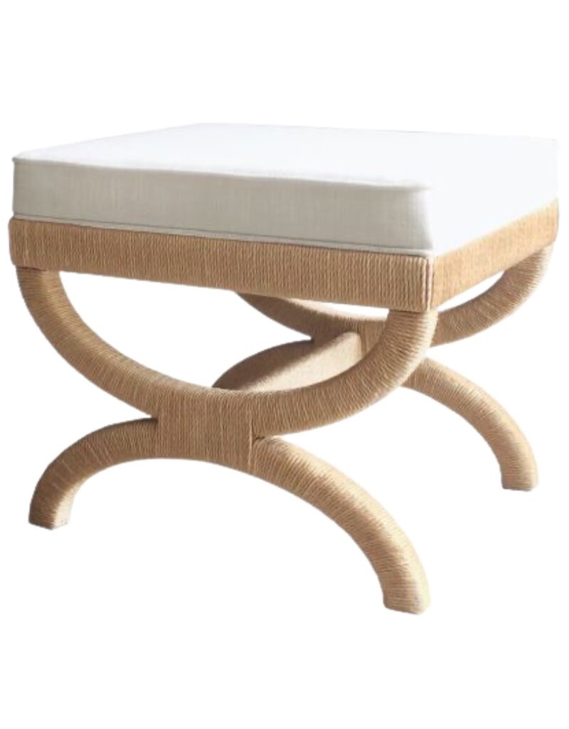 Pair of Natural Rope Wrapped Benches with Ivory Cushions
