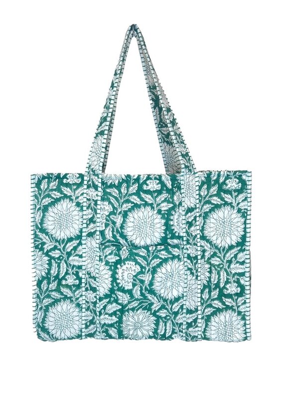 Green & White Floral Fabric Quilted Bag