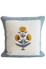 White Pillow with Sage Green Block Border & Yellow Embroidered Flowers