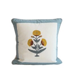 White Pillow with Sage Green Block Border & Yellow Embroidered Flowers