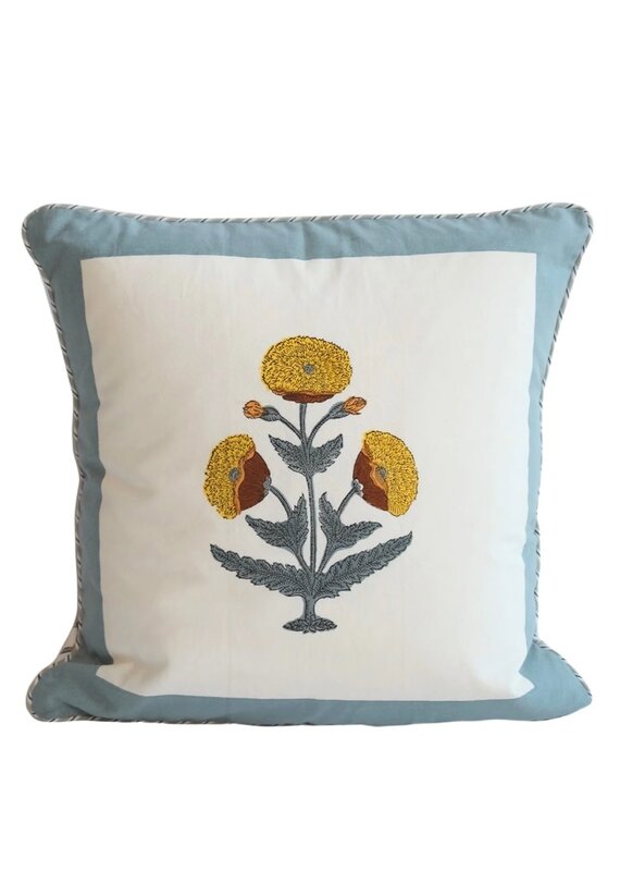 White Pillow with Sage Green Block Border & Yellow Embroidered Flowers