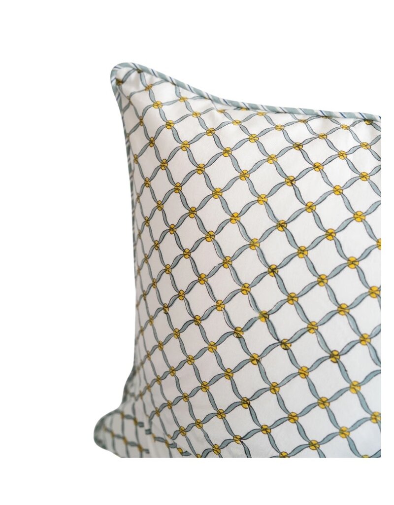 White Pillow with Sage Green Block Border & Yellow Embroidered Flowers