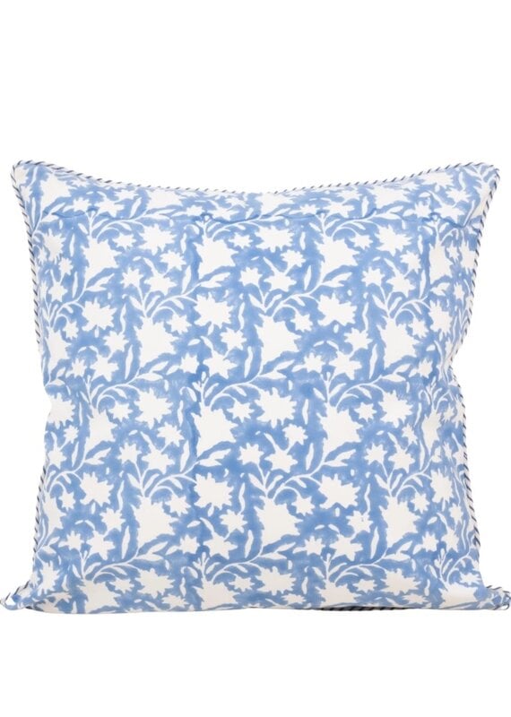 Light Blue & White Floral Pillow with Striped Piping