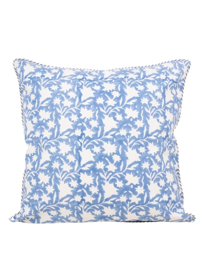 Light Blue & White Floral Pillow with Striped Piping