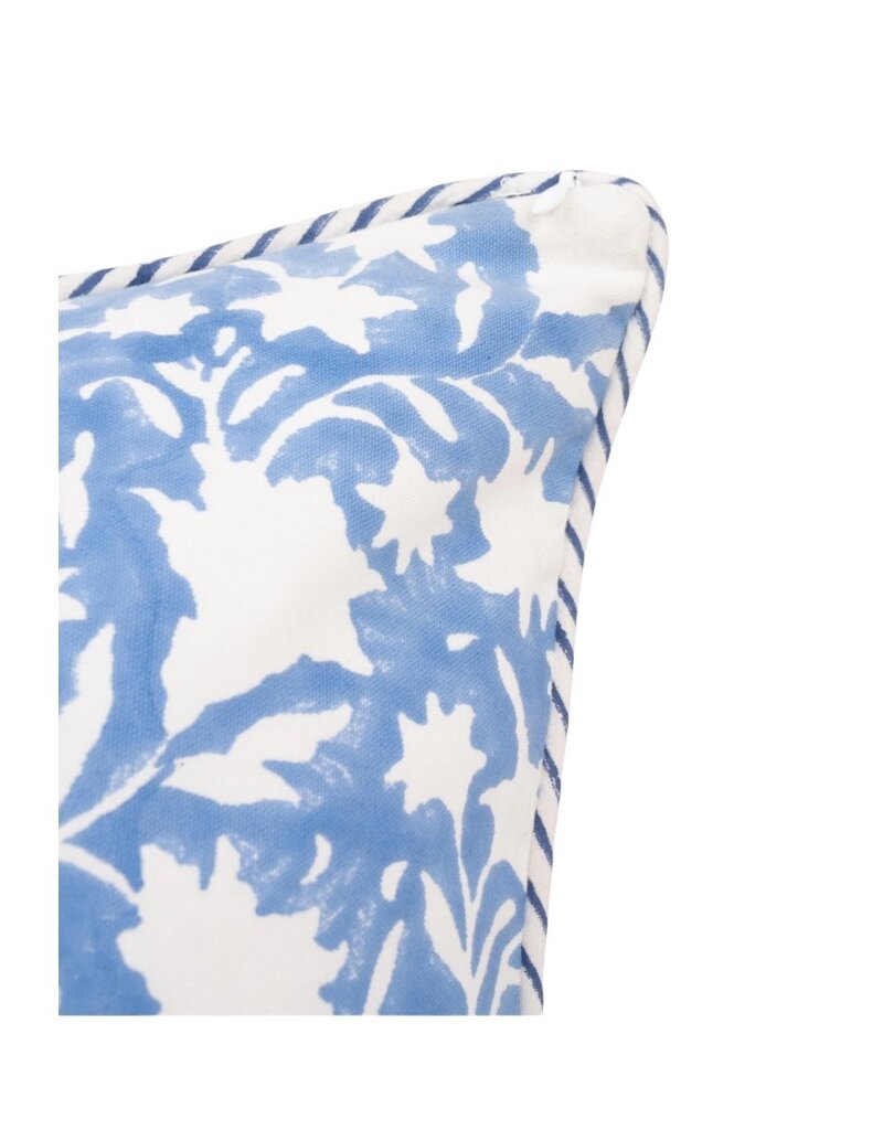 Light Blue & White Floral Pillow with Striped Piping
